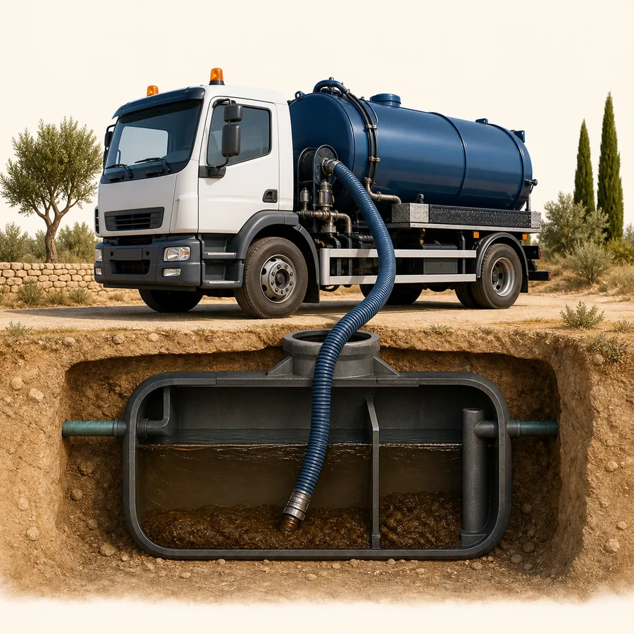 Ilustración técnica del vaciado de una fosa séptica con camión cisterna