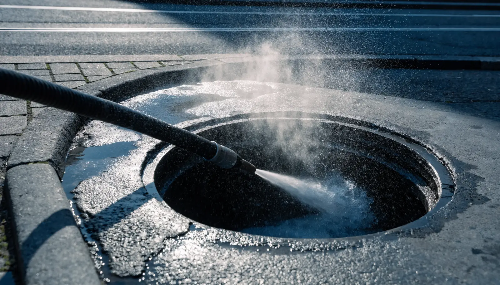 Limpieza de drenaje con agua a presión en una arqueta